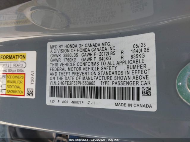2HGFE2F58PH553965 Honda Civic Sport