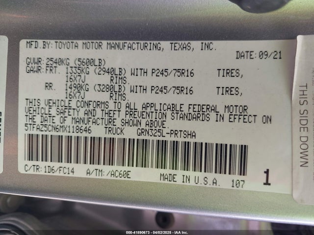5TFAZ5CN6MX118646 Toyota 2gr-fks