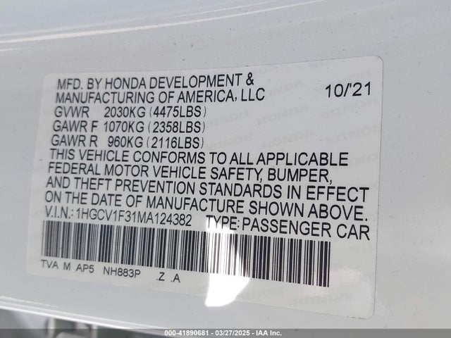 1HGCV1F31MA124382 Honda Accord Sport