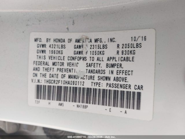 1HGCR2F10HA090112 Honda Accord Sport Se