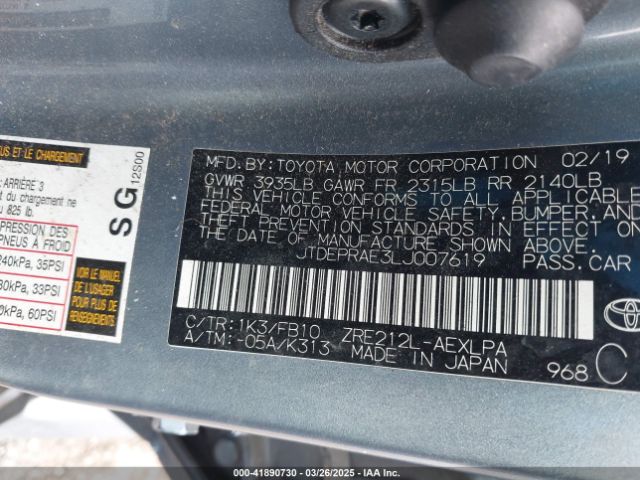 JTDEPRAE3LJ007619 Toyota COROLLA LE