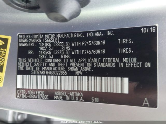 5TDZARFH4GS022855 Toyota Highlander Le