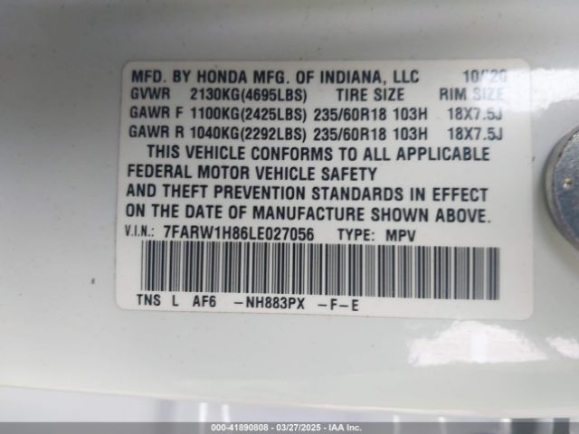 7FARW1H86LE027056 Honda Cr-v 2wd Ex-l