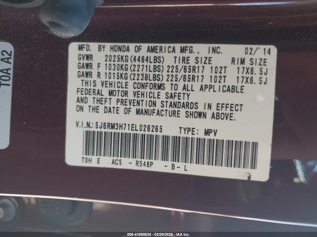 5J6RM3H71EL026265 Honda Cr-v Ex-l