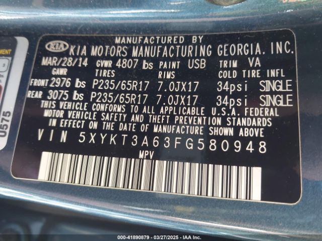 5XYKT3A63FG580948 KIA SORENTO LX