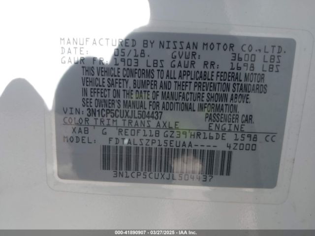3N1CP5CUXJL504437 Nissan KICKS SV