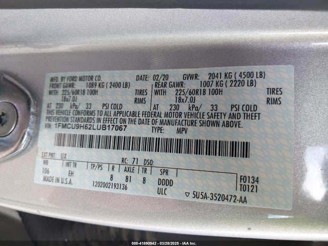 1FMCU9H62LUB17067 Ford ESCAPE SEL