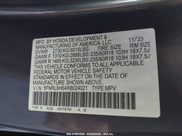 5FNRL6H64RB024021 Honda Odyssey Ex-l