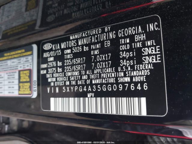 5XYPG4A35GG097646 KIA Sorento 2.4l Lx