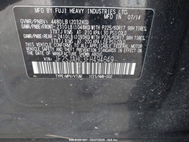 JF2SJAHC3FH494649 Subaru 2.5na u5