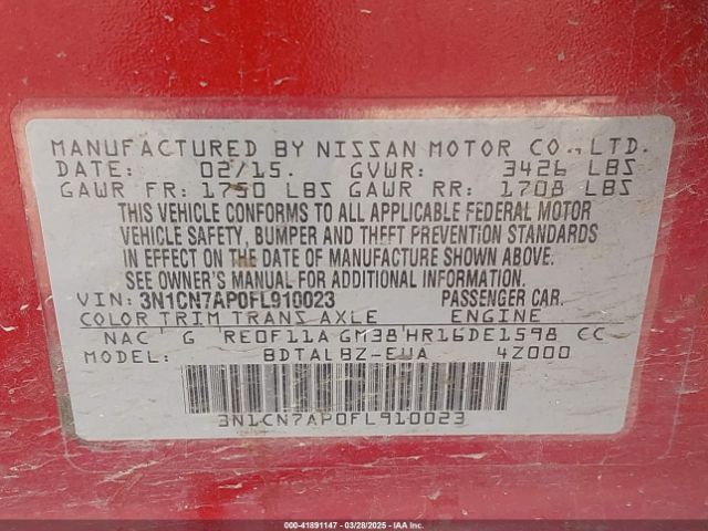 3N1CN7AP0FL910023 Nissan Versa 1.6 S/1.6 S+/1.6 Sl/1.6 Sv