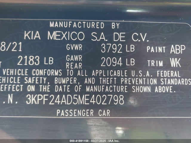 3KPF24AD5ME402798 KIA Forte Lxs