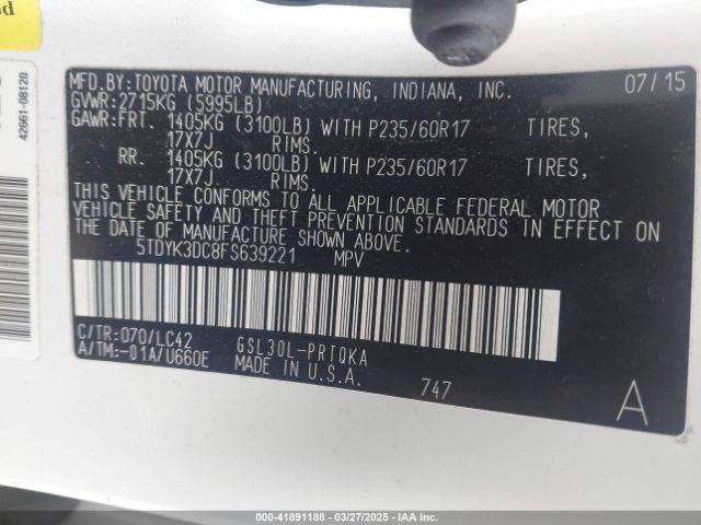 5TDYK3DC8FS639221 Toyota Sienna Xle Premium 8 Passenger