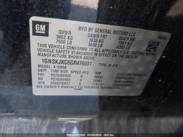2016 CHEVROLET SUBURBAN 1GNSKJKC6GR476931 Photo 8