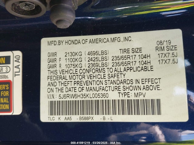 5J6RW6H35KL005360 Honda CR-V LX