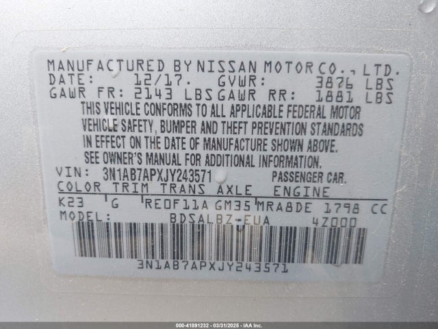 3N1AB7APXJY243571 Nissan SENTRA S
