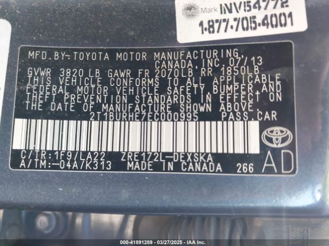 2T1BURHE7EC000995 Toyota Corolla S Premium