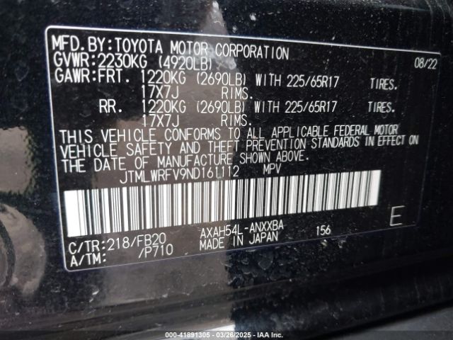 JTMLWRFV9ND161112 Toyota Rav4 Hybrid Le