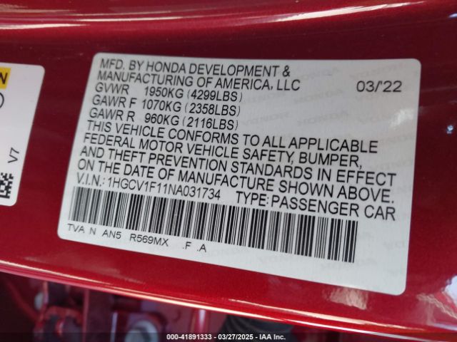 1HGCV1F11NA031734 Honda ACCORD LX