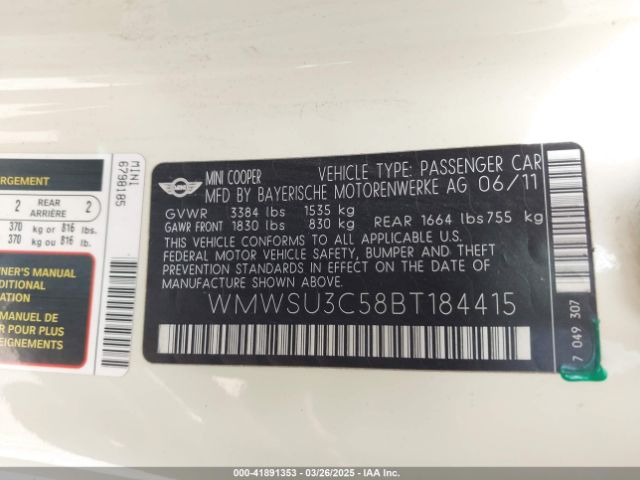 2011 MINI COOPER WMWSU3C58BT184415 Photo 8