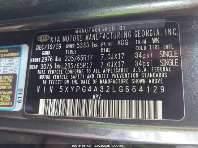 5XYPG4A32LG664129 KIA Sorento 2.4l Lx