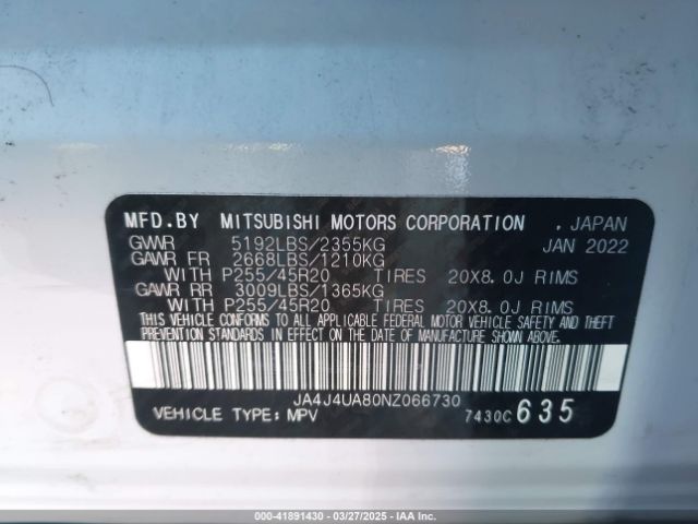 JA4J4UA80NZ066730 Mitsubishi Outlander Black Edition S-awc/se 2.5 S-awc/se Launch Edition S-awc