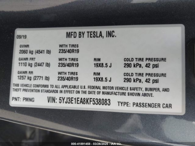 5YJ3E1EA8KF538083 Tesla Model 3 Long Range/mid Range/standard Range/standard Range Plus