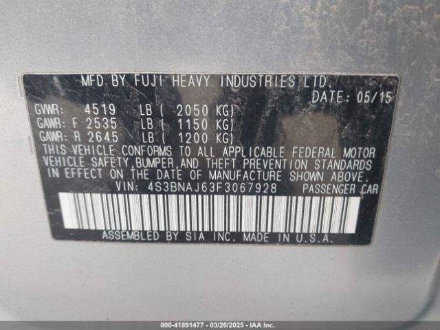 4S3BNAJ63F3067928 Subaru Legacy 2.5i Limited