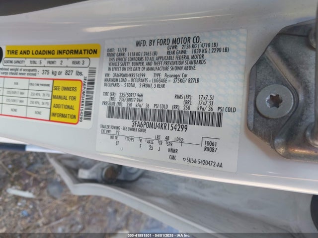 Ford Fusion Hybrid Sel 2019 3FA6P0MU4KR154299 Image 9