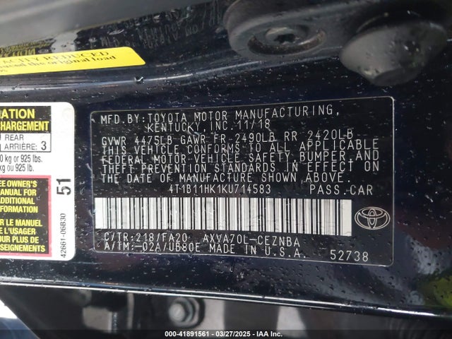 4T1B11HK1KU714583 Toyota CAMRY LE