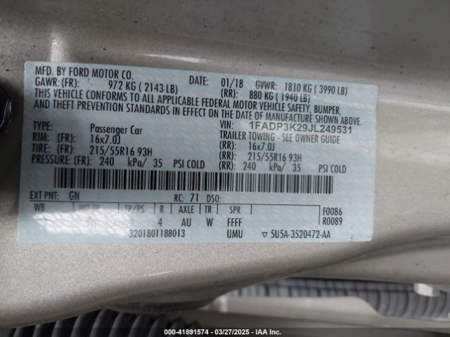 1FADP3K29JL249531 Ford FOCUS SE
