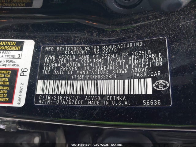 4T1BF1FKXHU622854 Toyota 2ar-fe