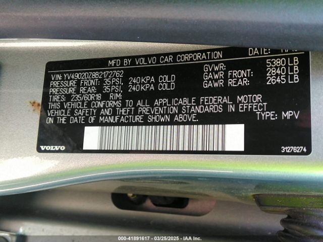 2011 VOLVO XC60 YV4902DZ8B2172762 Photo 8