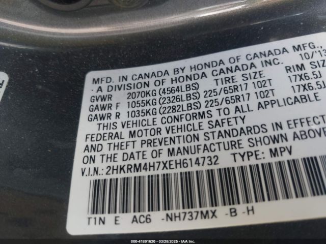 2HKRM4H7XEH614732 Honda Cr-v Ex-l