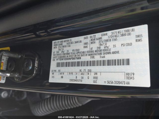 1FTEW1E80NFB07689 Ford F-150 Tremor