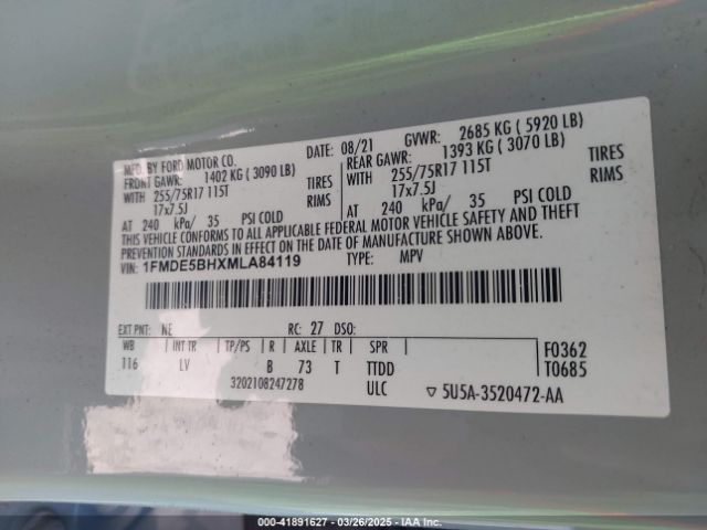 1FMDE5BHXMLA84119 Ford Bronco Big Bend