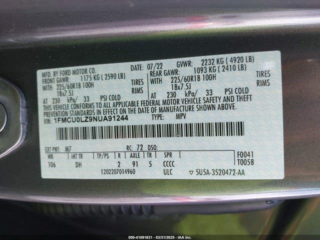 1FMCU0LZ9NUA91244 Ford Escape Titanium Plug-in Hybrid