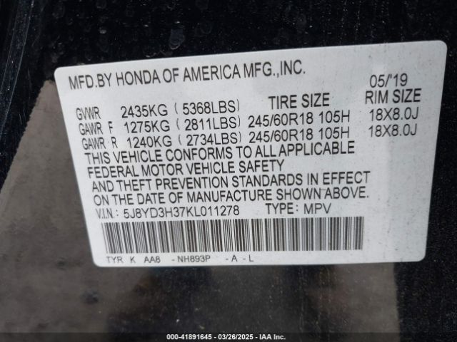 5J8YD3H37KL011278 Acura Mdx Standard