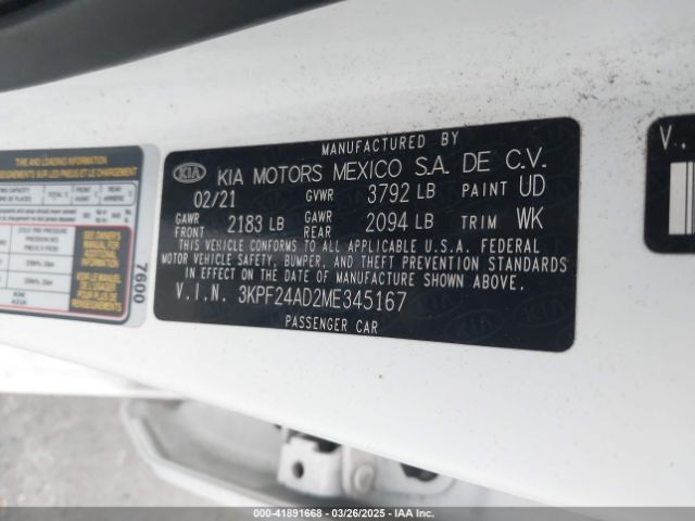 3KPF24AD2ME345167 KIA FORTE FE