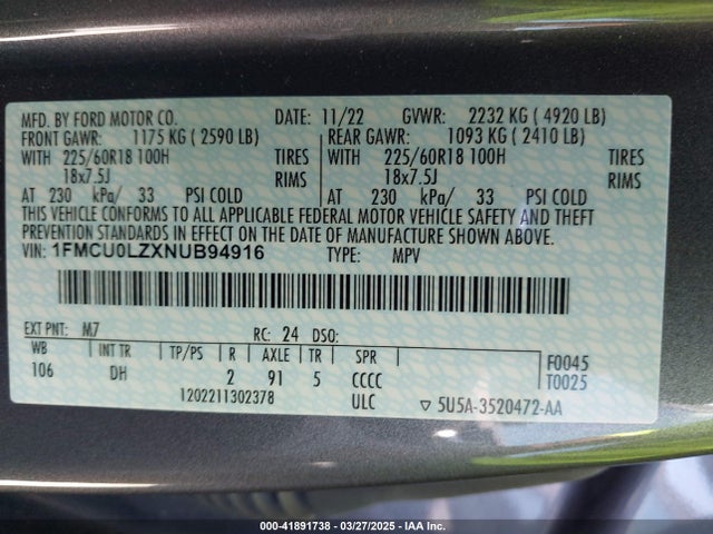 1FMCU0LZXNUB94916 Ford Escape Titanium Plug-in Hybrid
