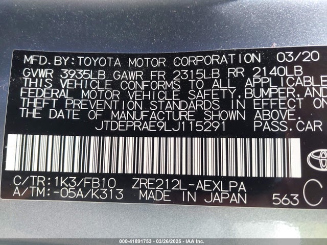 JTDEPRAE9LJ115291 Toyota COROLLA LE