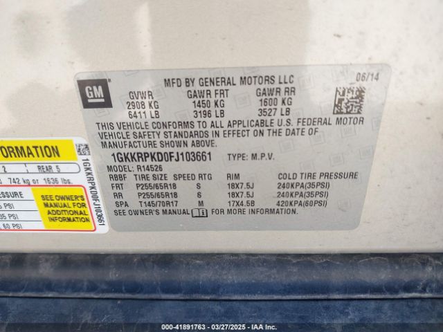 1GKKRPKD0FJ103661 GMC Acadia Sle-2