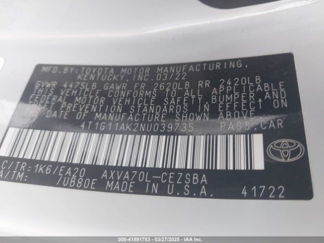 2022 TOYOTA CAMRY 4T1G11AK2NU039735 Photo 8