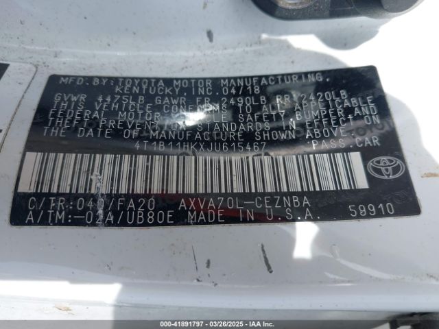 4T1B11HKXJU615467 Toyota CAMRY LE