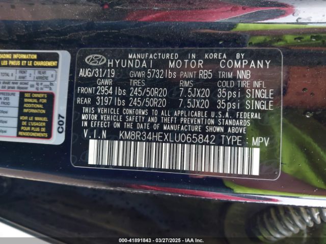 KM8R34HEXLU065842 Hyundai Palisade Sel