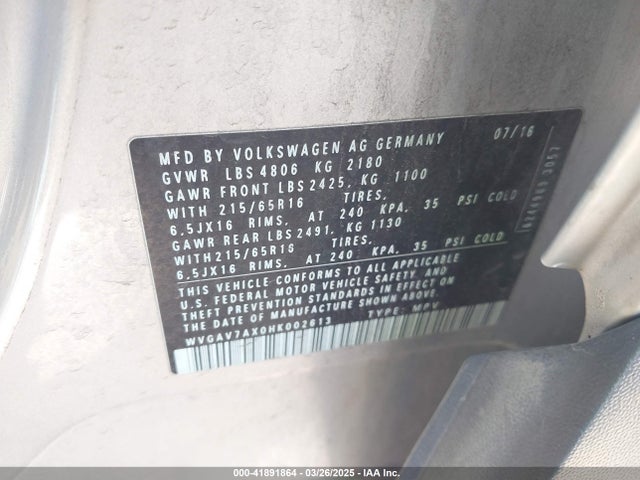 WVGAV7AX0HK002613 Volkswagen 2.0 tsi