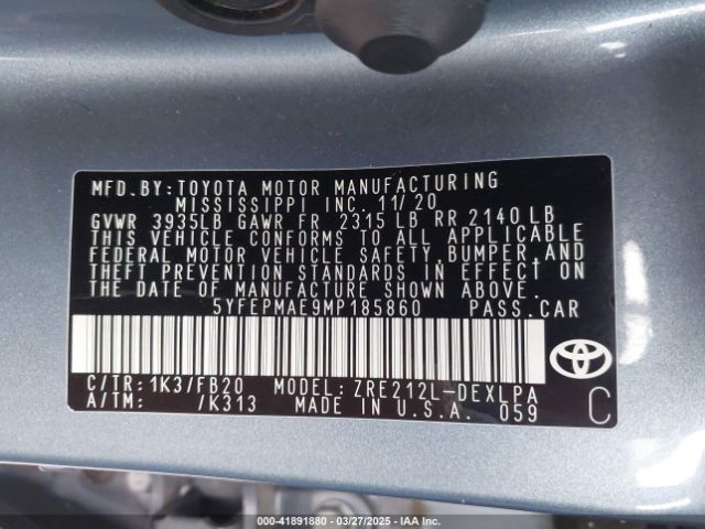5YFEPMAE9MP185860 Toyota COROLLA LE