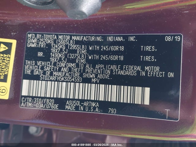 5TDZARFH5KS054593 Toyota Highlander Le