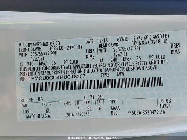 1FMCU0GD4HUC18307 Ford ESCAPE SE
