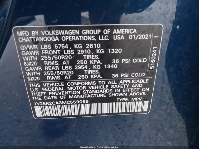 1V2ER2CA3MC559069 Volkswagen Atlas 3.6l V6 Sel